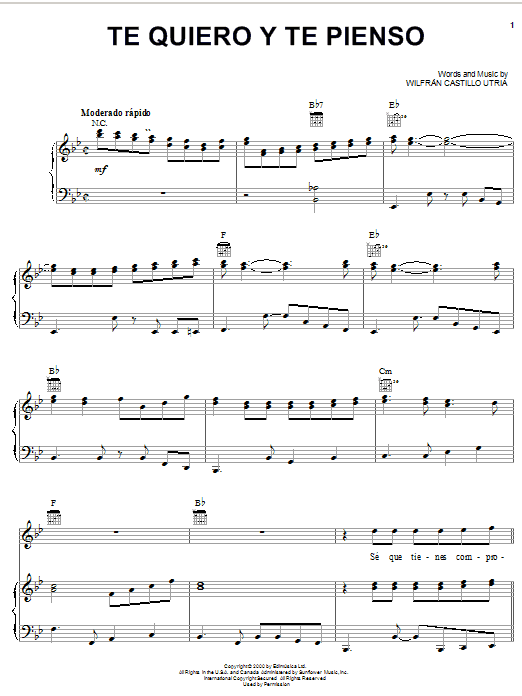 Te Quiero Y Te Pienso (Piano, Vocal & Guitar Chords (Right-Hand Melody)) von Wilfran Castillo Utria