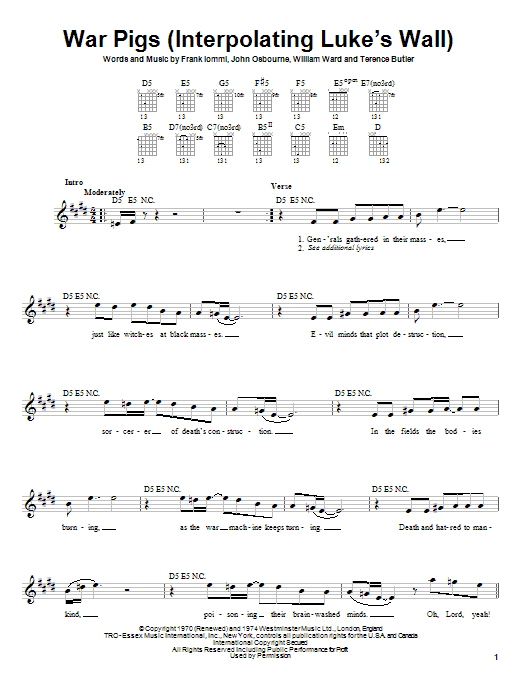 War Pigs (Interpolating Luke's Wall) (Easy Guitar) von Black Sabbath