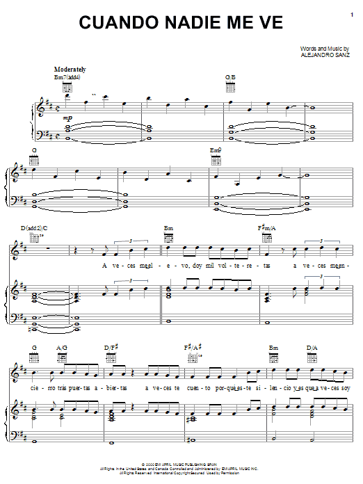 Cuando Nadie Me Ve (Piano, Vocal & Guitar Chords (Right-Hand Melody)) von Alejandro Sanz