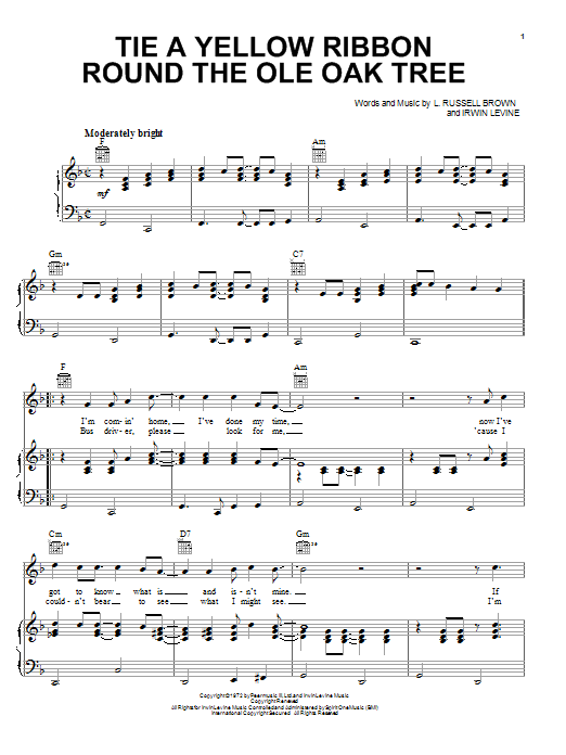 Tie A Yellow Ribbon Round The Ole Oak Tree (Piano, Vocal & Guitar Chords (Right-Hand Melody)) von Tony Orlando