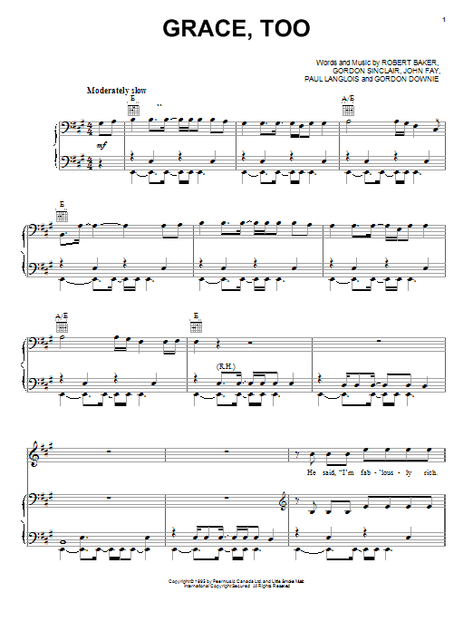 Grace, Too (Piano, Vocal & Guitar Chords (Right-Hand Melody)) von Tragically Hip