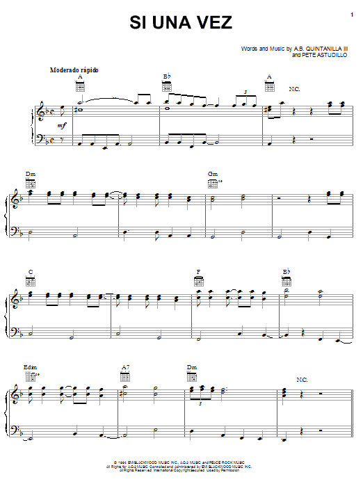 Si Una Vez (Piano, Vocal & Guitar Chords (Right-Hand Melody)) von A.B. Quintanilla III