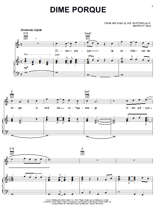 Dime Porque (Piano, Vocal & Guitar Chords (Right-Hand Melody)) von A.B. Quintanilla III
