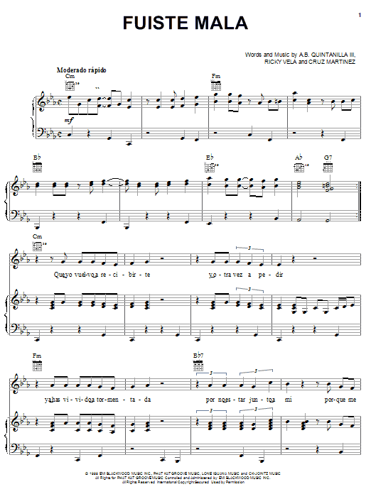 Fuiste Mala (Piano, Vocal & Guitar Chords (Right-Hand Melody)) von A.B. Quintanilla III