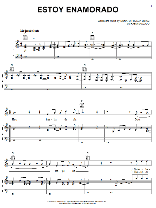 Estoy Enamorado (Piano, Vocal & Guitar Chords (Right-Hand Melody)) von Donato Poveda Lopez