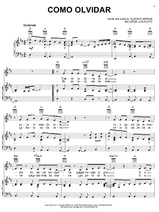 Como Olvidar (Piano, Vocal & Guitar Chords (Right-Hand Melody)) von Gustavo Arenas