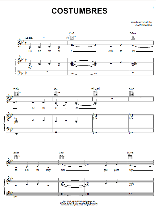 Costumbres (Piano, Vocal & Guitar Chords (Right-Hand Melody)) von Juan Gabriel