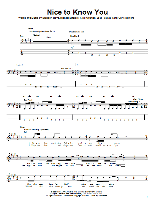 Nice To Know You (Bass Guitar Tab) von Incubus