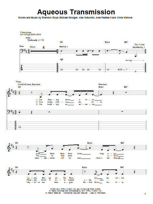 Aqueous Transmission (Bass Guitar Tab) von Incubus