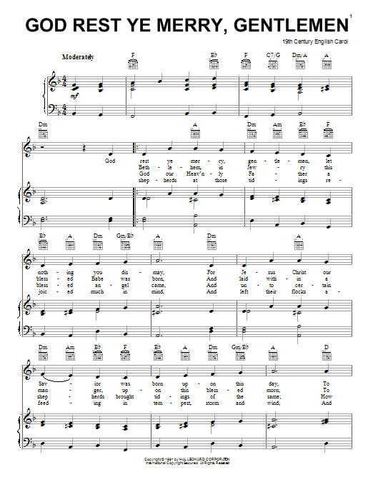 God Rest Ye Merry, Gentlemen (Piano, Vocal & Guitar Chords (Right-Hand Melody)) von 19th Century English Carol