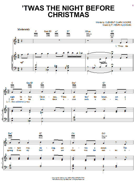 'Twas The Night Before Christmas (Piano, Vocal & Guitar Chords (Right-Hand Melody)) von Clement Clark Moore