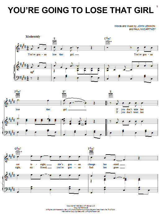 You're Going To Lose That Girl (Piano, Vocal & Guitar Chords (Right-Hand Melody)) von The Beatles