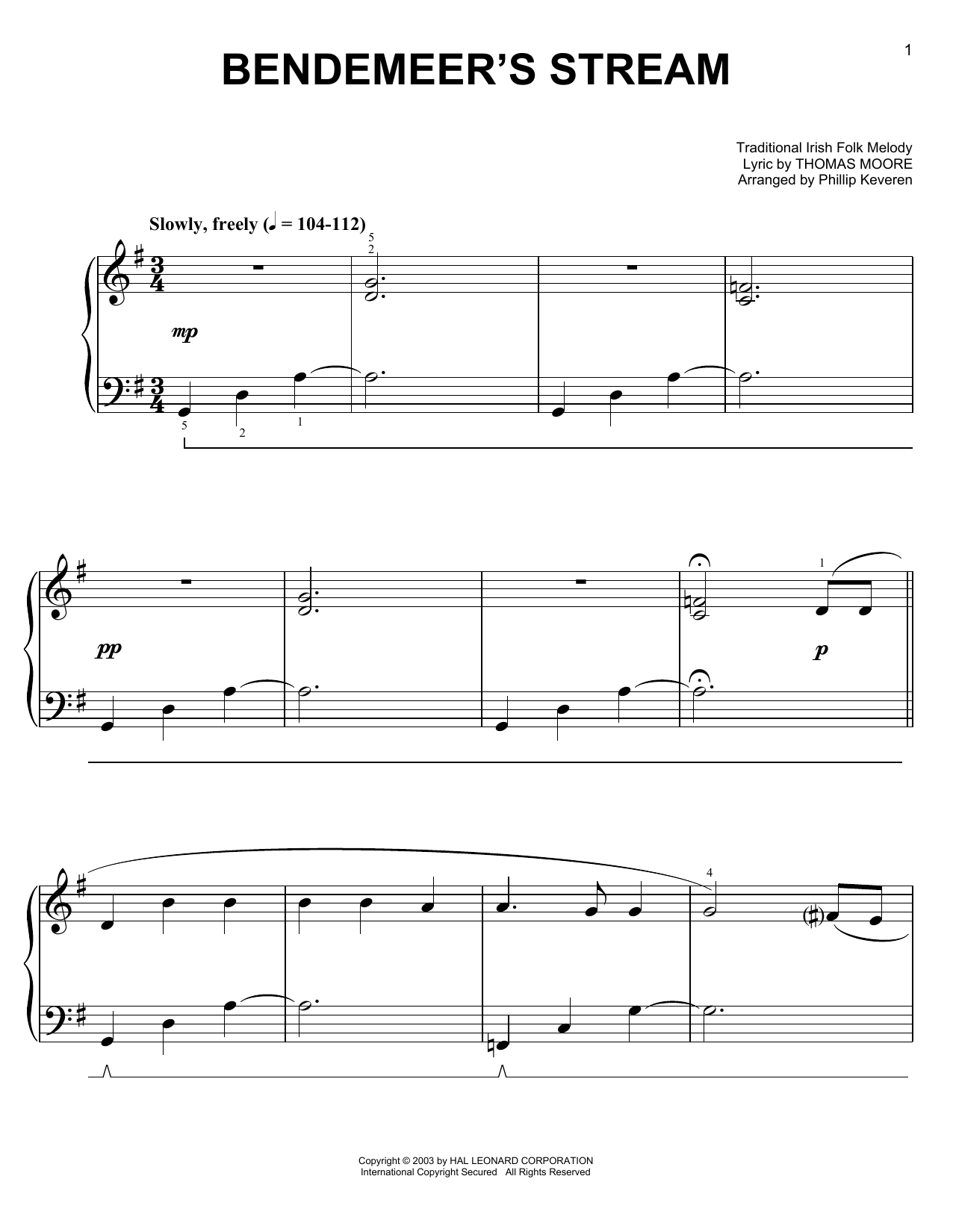 Bendemeer's Stream (arr. Phillip Keveren) (Easy Piano) von Thomas Moore