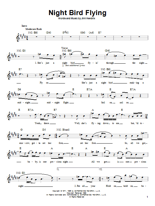 Night Bird Flying (Easy Guitar) von Jimi Hendrix