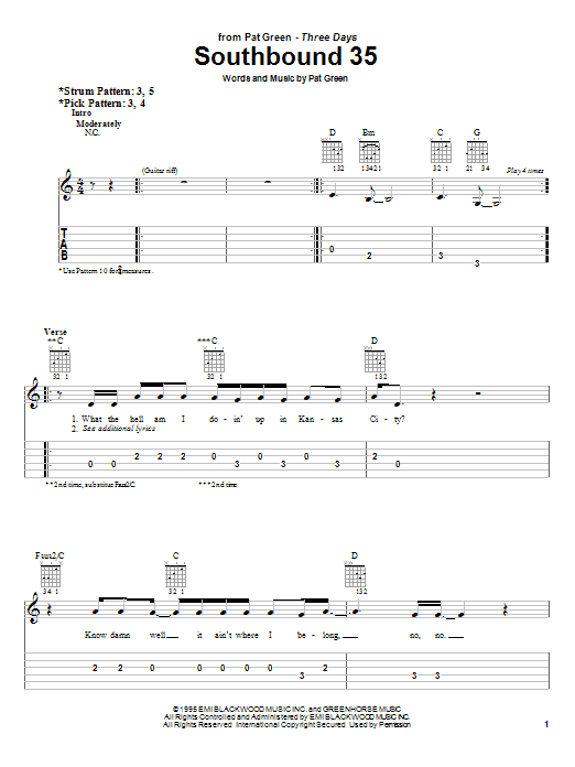 Southbound 35 (Easy Guitar Tab) von Pat Green