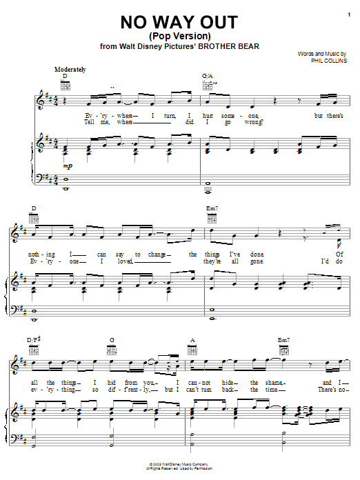 No Way Out (Pop Version) (Piano, Vocal & Guitar Chords (Right-Hand Melody)) von Phil Collins