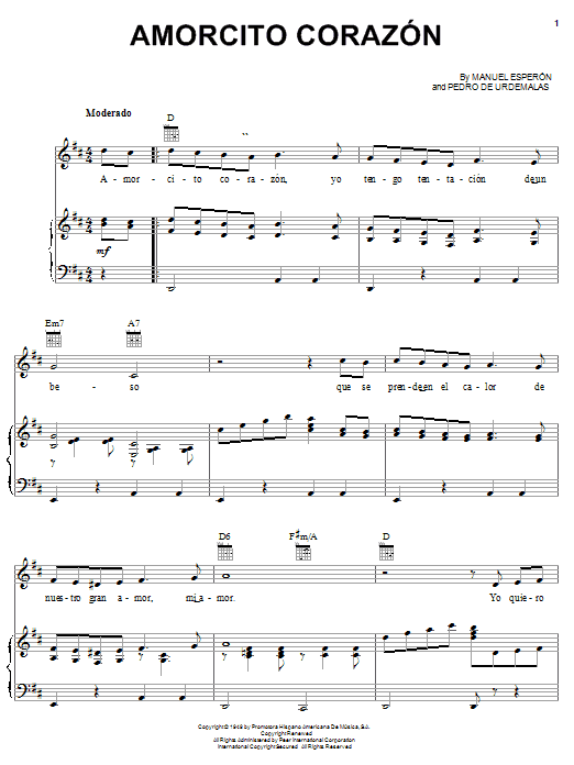Amorcito Corazon (Piano, Vocal & Guitar Chords (Right-Hand Melody)) von Manuel Esperon