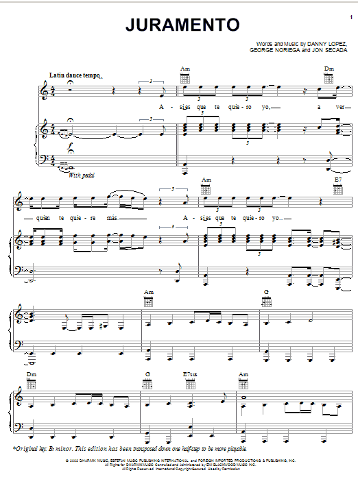 Juramento (Piano, Vocal & Guitar Chords (Right-Hand Melody)) von Ricky Martin