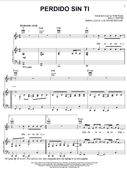 Perdido Sin Ti (Piano, Vocal & Guitar Chords (Right-Hand Melody)) von Ricky Martin