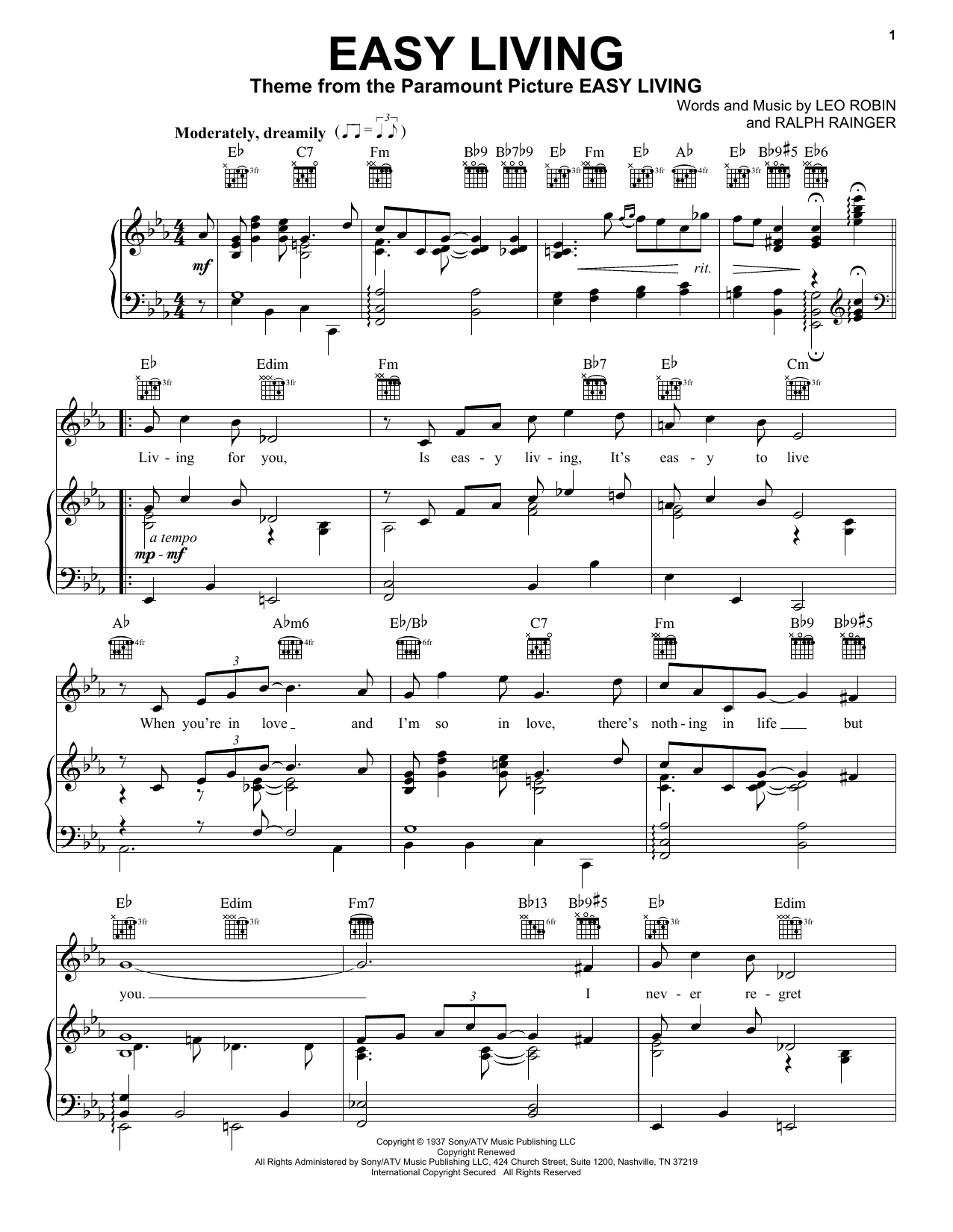 Easy Living (Piano, Vocal & Guitar Chords (Right-Hand Melody)) von Billie Holiday