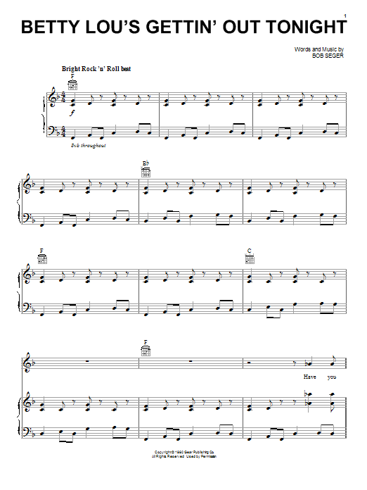 Betty Lou's Gettin' Out Tonight (Piano, Vocal & Guitar Chords (Right-Hand Melody)) von Bob Seger