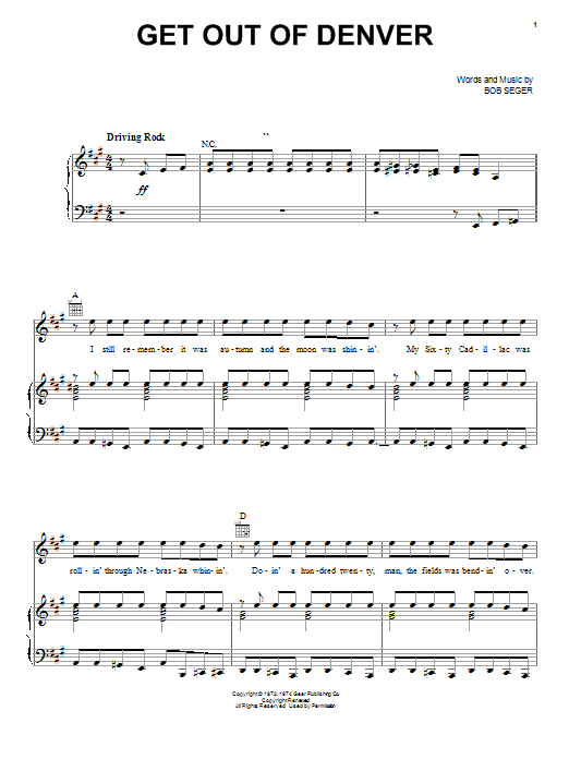 Get Out Of Denver (Piano, Vocal & Guitar Chords (Right-Hand Melody)) von Bob Seger