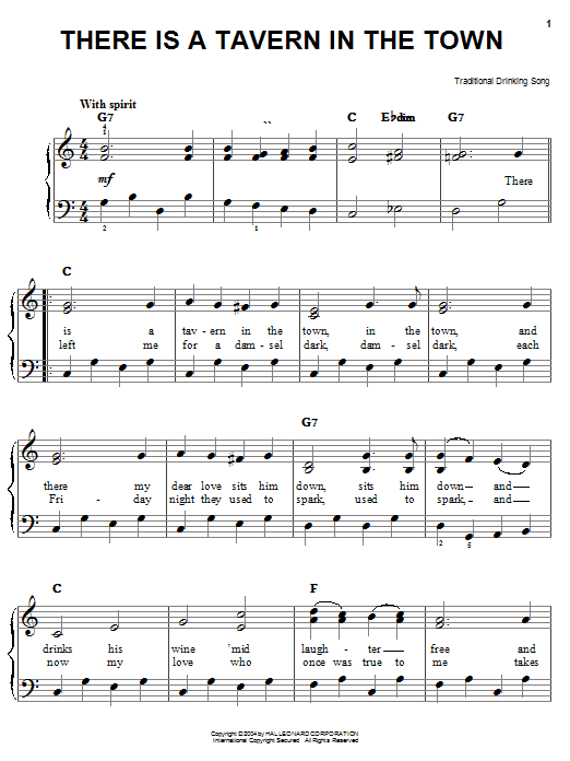 There Is A Tavern In The Town (Easy Piano) von Traditional Drinking Song