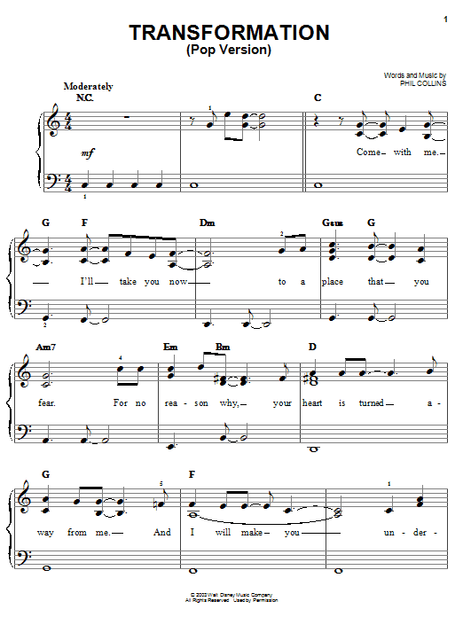 Transformation (Pop Version) (Easy Piano) von Phil Collins