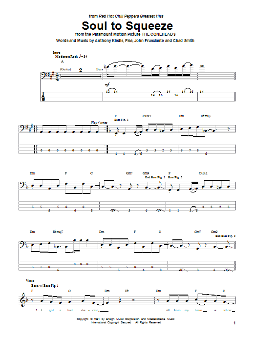 Soul To Squeeze (Bass Guitar Tab) von Red Hot Chili Peppers