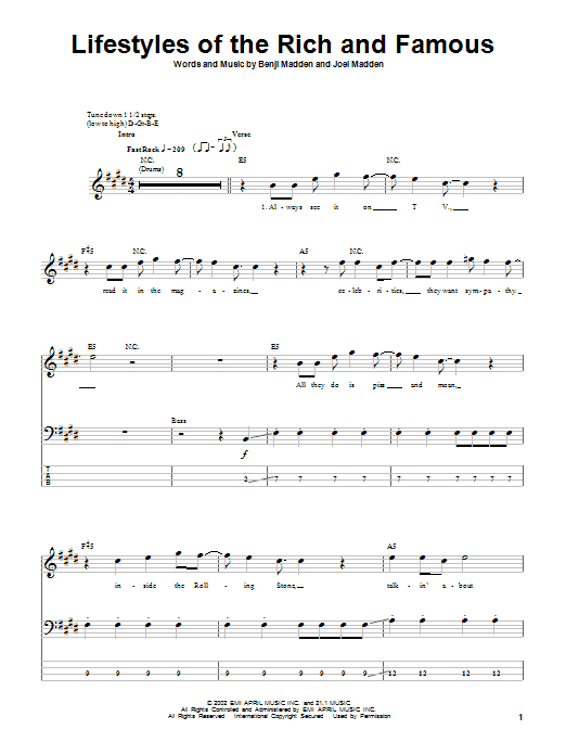 Lifestyles Of The Rich And Famous (Bass Guitar Tab) von Good Charlotte