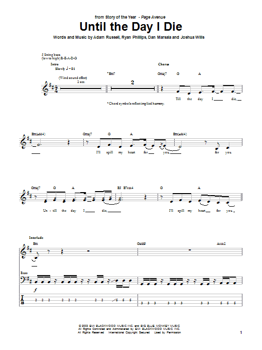 Until The Day I Die (Bass Guitar Tab) von Story Of The Year