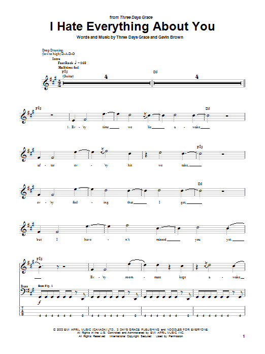 I Hate Everything About You (Bass Guitar Tab) von Three Days Grace