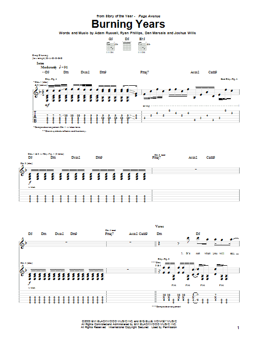 Burning Years (Guitar Tab) von Story Of The Year