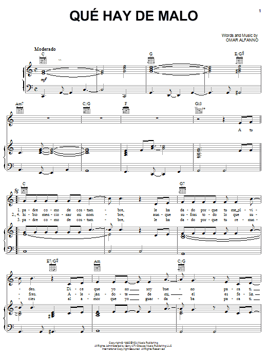 Que Hay De Malo (Piano, Vocal & Guitar Chords (Right-Hand Melody)) von Jerry Rivera