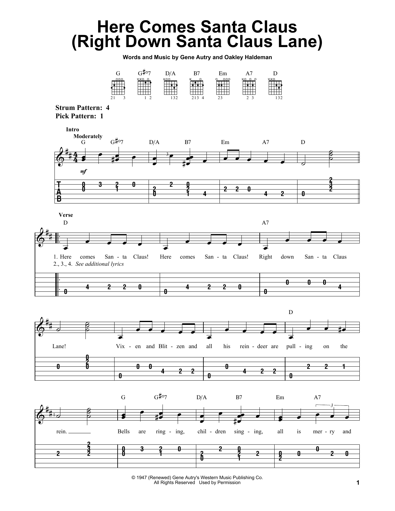 Here Comes Santa Claus (Right Down Santa Claus Lane) (Easy Guitar Tab) von Gene Autry