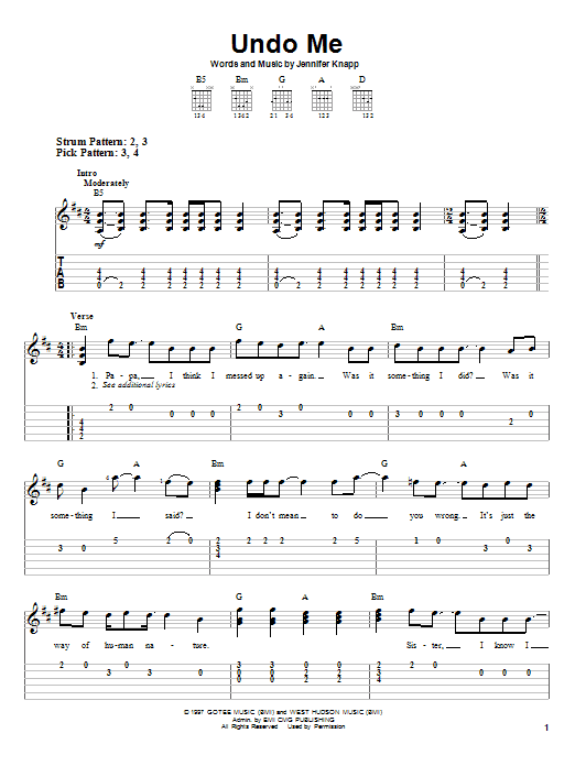 Undo Me (Easy Guitar Tab) von Jennifer Knapp