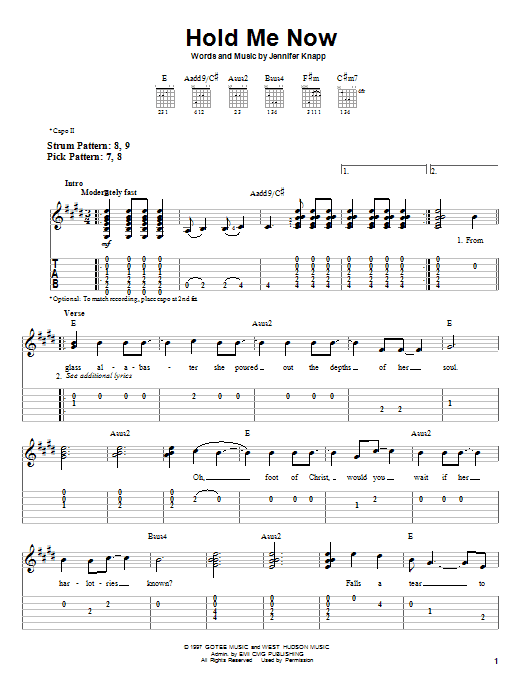 Hold Me Now (Easy Guitar Tab) von Jennifer Knapp