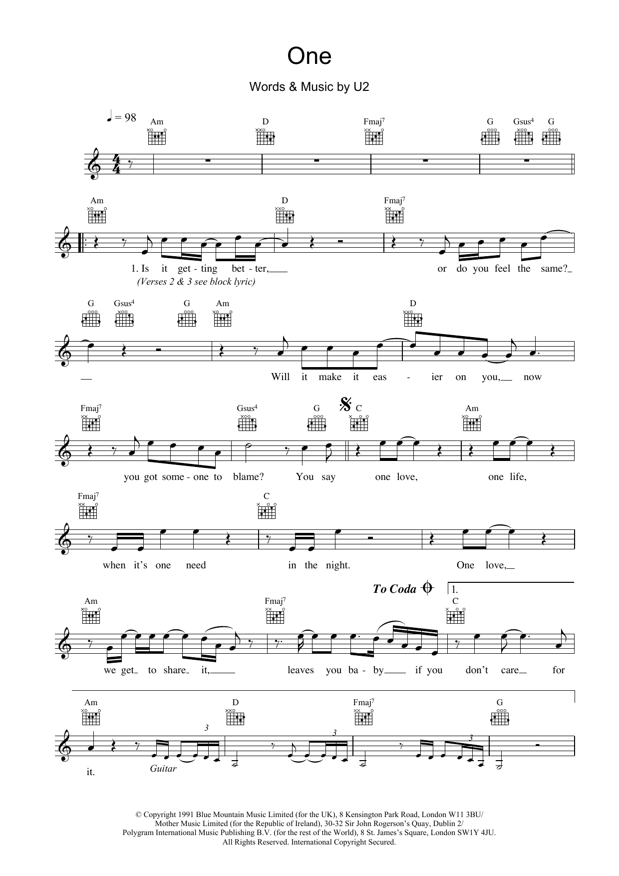 One (Lead Sheet / Fake Book) von U2