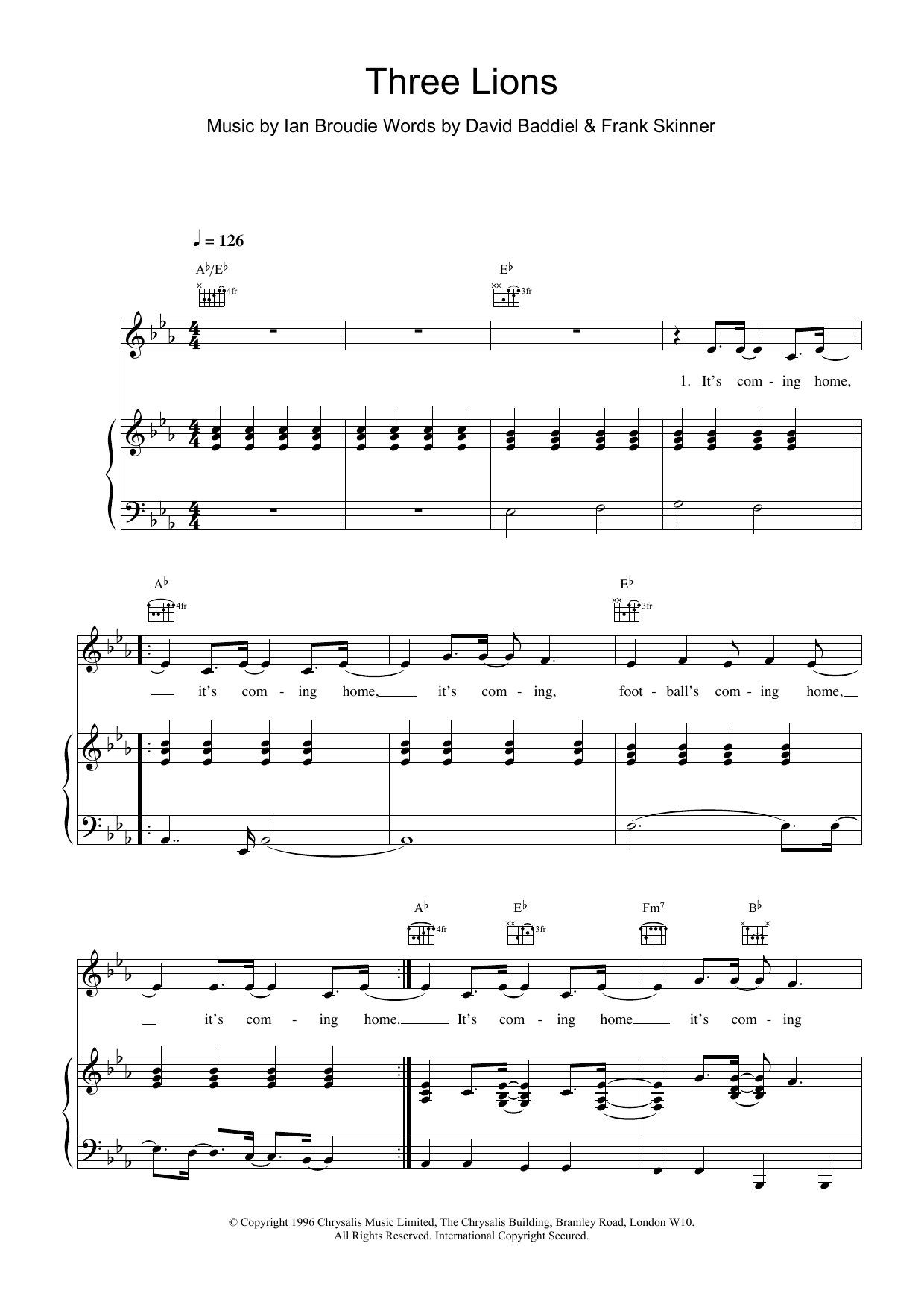 Three Lions (Piano, Vocal & Guitar Chords) von The Lightning Seeds