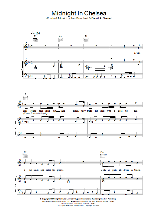 Midnight In Chelsea (Piano, Vocal & Guitar Chords) von Jon Bon Jovi