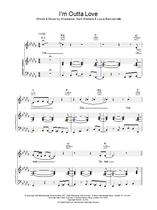 I'm Outta Love (Piano, Vocal & Guitar Chords) von Anastacia