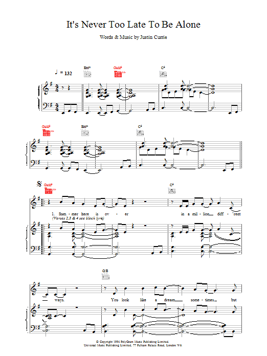 It's Never Too Late To Be Alone (Piano, Vocal & Guitar Chords) von Del Amitri