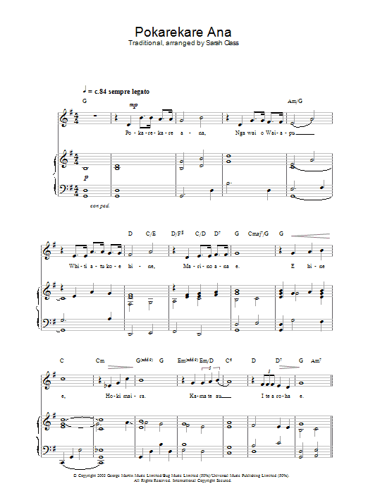 Pokarekare Ana (Piano, Vocal & Guitar Chords) von Hayley Westenra