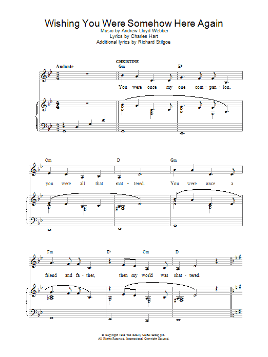 Wishing You Were Somehow Here Again (from The Phantom Of The Opera) (Piano, Vocal & Guitar Chords (Right-Hand Melody)) von Andrew Lloyd Webber