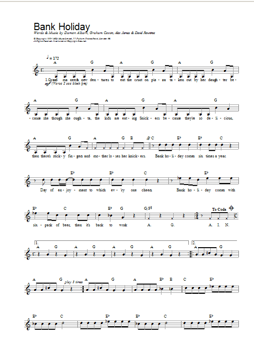 Bank Holiday (Lead Sheet / Fake Book) von Blur