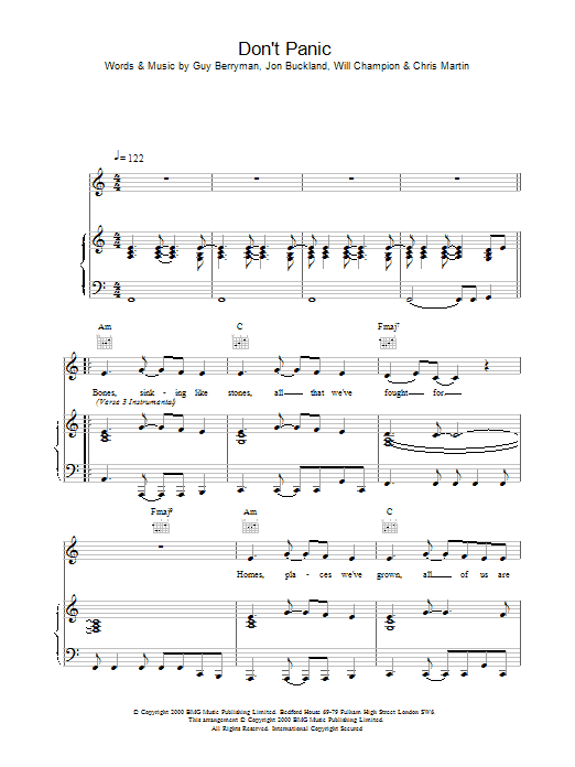Don't Panic (Piano, Vocal & Guitar Chords) von Coldplay