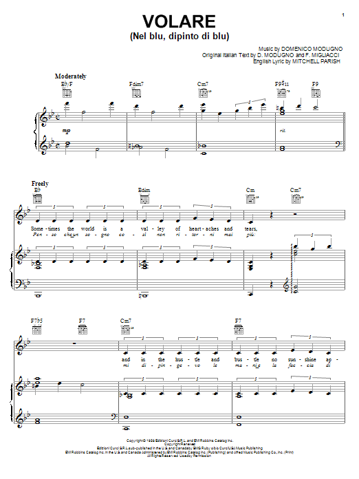 Volare (Nel Blu, Dipinto Di Blu) (Piano, Vocal & Guitar Chords (Right-Hand Melody)) von Dean Martin
