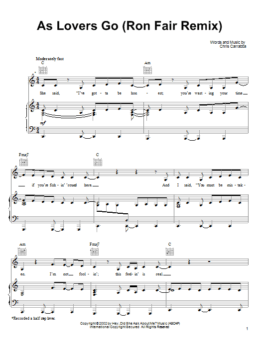 As Lovers Go (Piano, Vocal & Guitar Chords (Right-Hand Melody)) von Dashboard Confessional