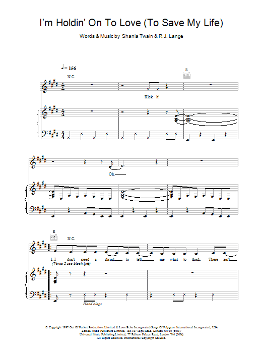 I'm Holdin' On To Love (To Save My Life) (Piano, Vocal & Guitar Chords) von Shania Twain