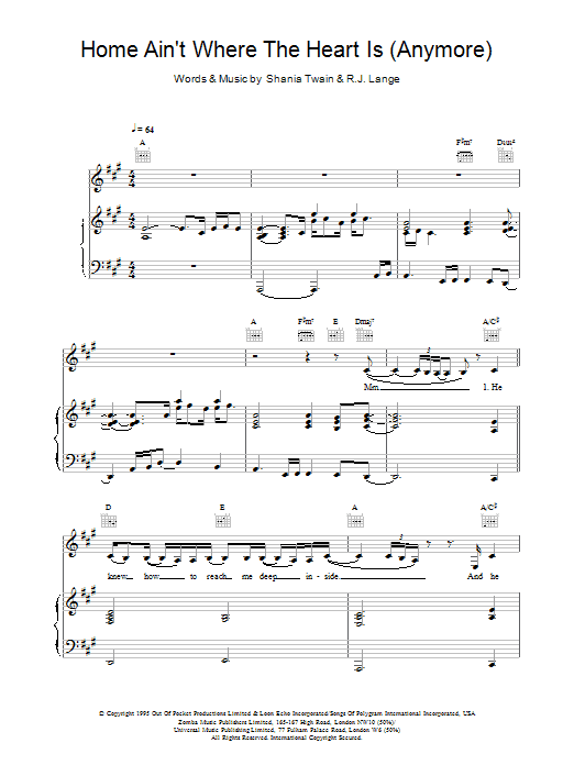 Home Ain't Where The Heart Is (Anymore) (Piano, Vocal & Guitar Chords) von Shania Twain